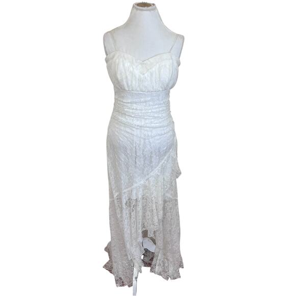 VTG DEB Y2K Romantic Fairy Lace Asymmetric Mermaid Maxi Dress Size 13 White HOCO - Picture 1 of 16